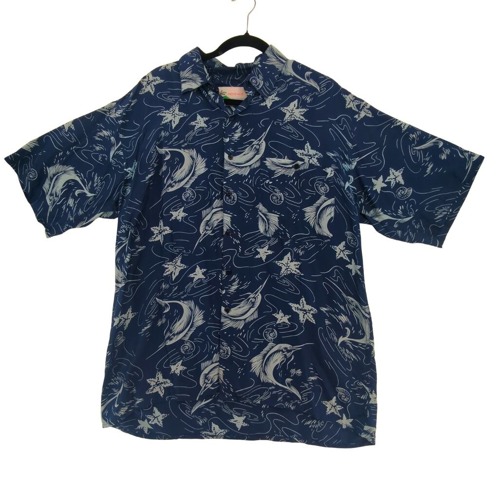 VTG Montage Tropics Shirt Mens Large Navy Silk Tropical Hawaiian Resortwear
